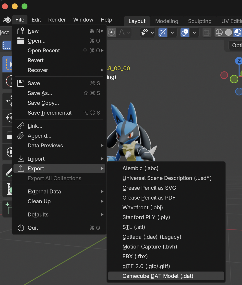File Export Gamecube model menu