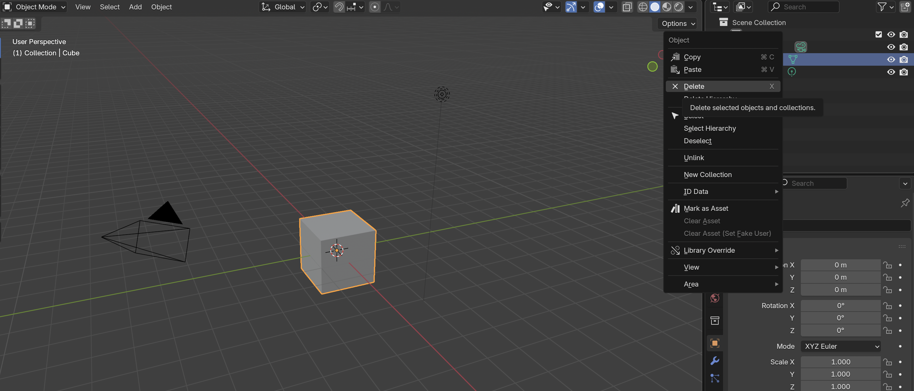 Default cube selected, about to delete