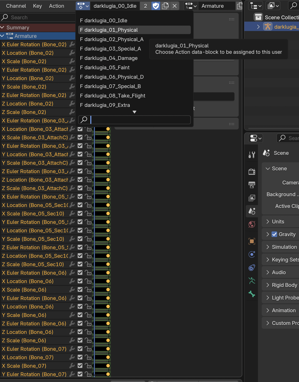 Action dropdown showing imported animations