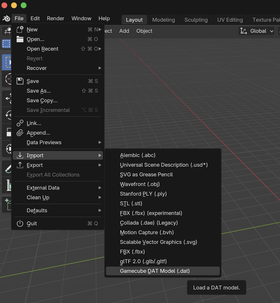 File → Import → Gamecube model menu