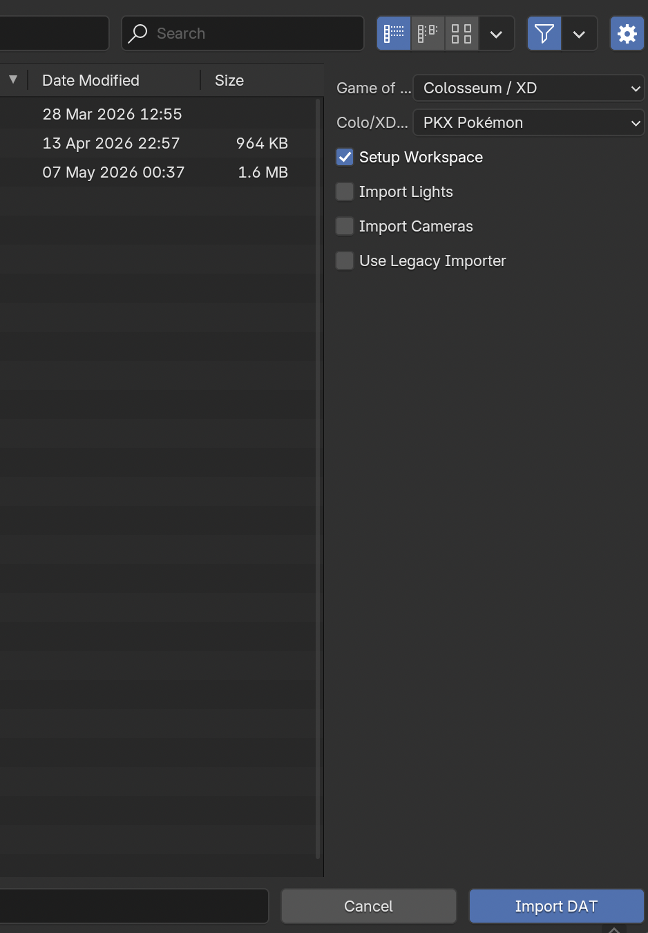 Import options sidebar