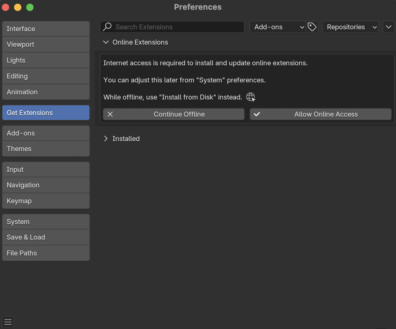 Extensions section of Preferences